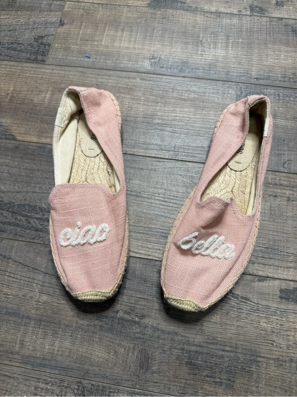 Soludos Pink Espadrille Slip-On Shoes with 'ciao bella' Embroidery Women Size 7
